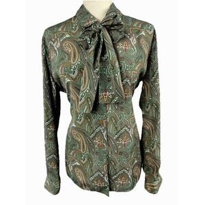 Vintage‎ Paisley Boho Retro Multicolor Blouse Button Down Neck Tie